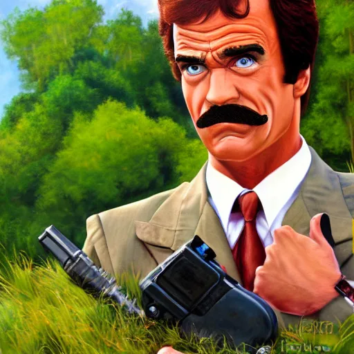 Prompt: ron burgandy as rambo in a park, hyperrealistic, hyperdetailed, political cartoon, concept art, oil painting