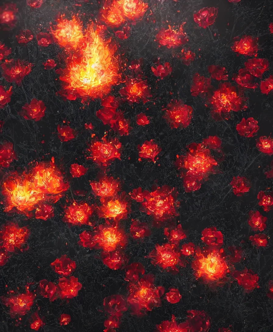 Prompt: hyper realistic black flowers with fire texture on the petals in the garden, beaultiful background, vibrant colors, bokeh, illustrated by greg rutkowski, beautiful volumetric lighting, intricate, ultra detailed, photorealistic, trending on artstation, octane render, 8 k