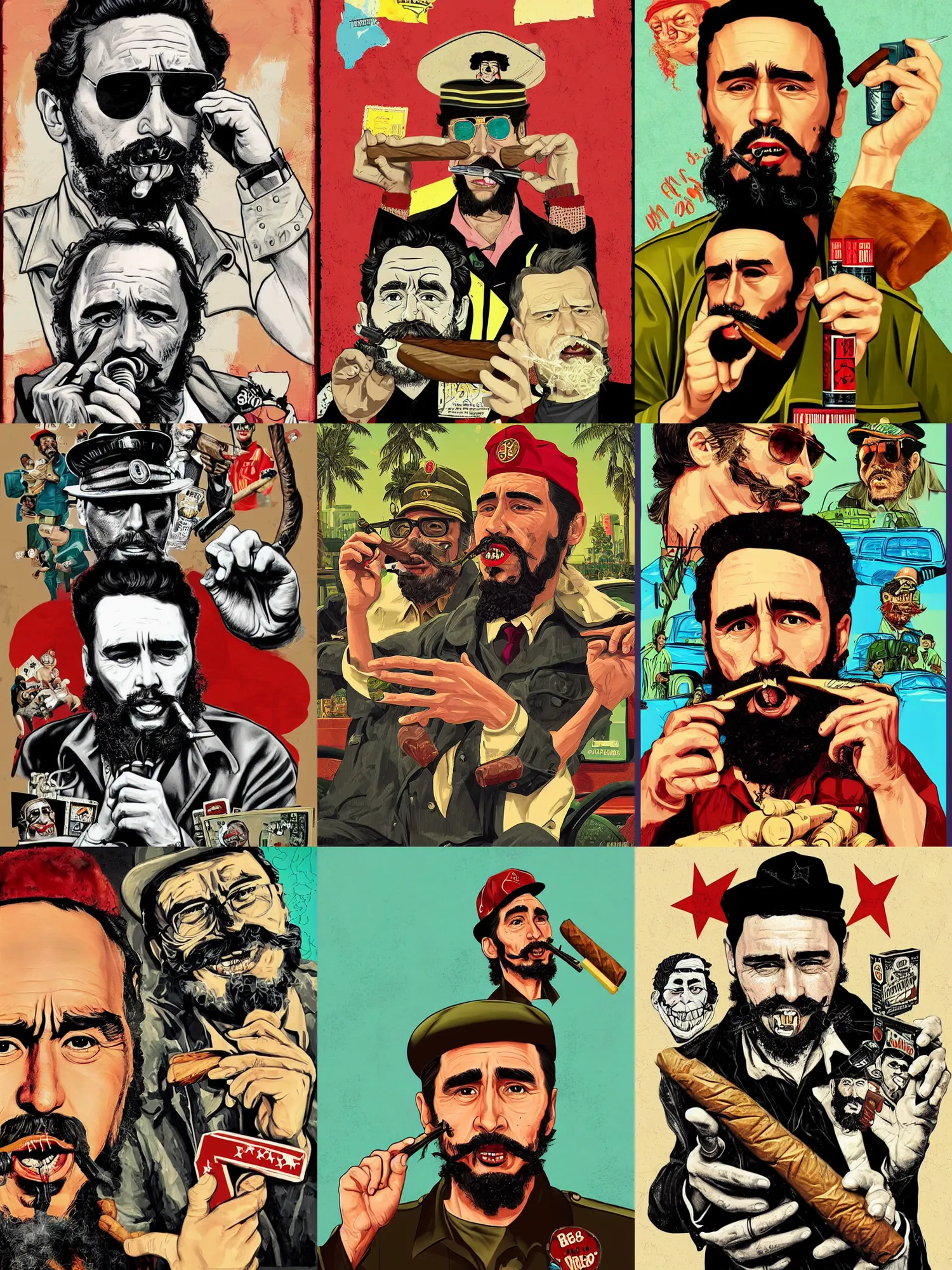 Prompt: James Franco as Fidel Castro smoking a large cigar, lowbrow, pop surrealism art style, contemporary art illustration, iintricate, 8K detail post-processing, in the style of Big Daddy Roth artwork, Grand Theft Auto character design aesthetic
