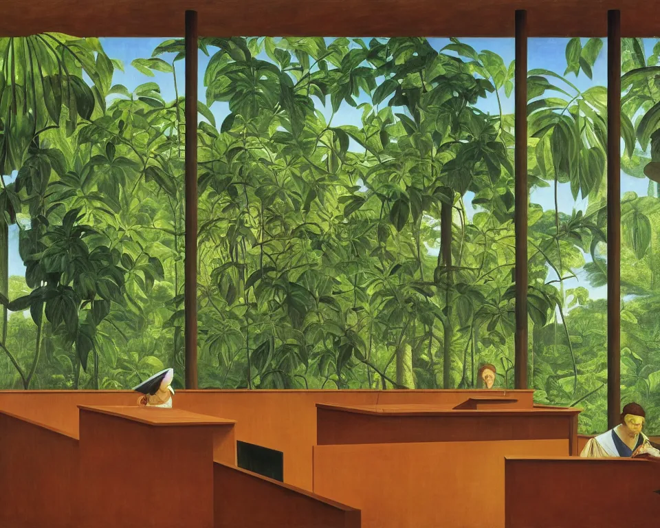 Prompt: a modernist courtroom in the rainforest by raphael, hopper, and rene magritte. detailed, proportional, romantic, vibrant, enchanting, achingly beautiful, graphic print, trending on artstation, jungle, tropical, foliage, white flowers