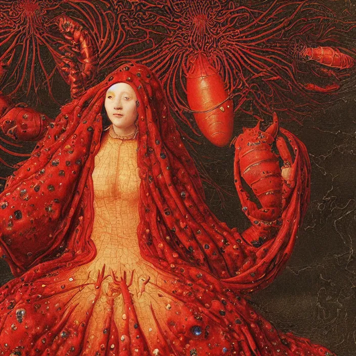 Prompt: a closeup portrait of a cloaked woman floating next to a lobster nebula, lobster nebula, by jan van eyck