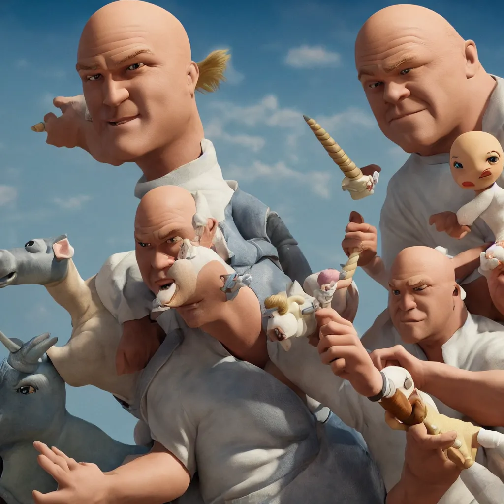 Prompt: Mr. clean riding a chubby balding blond guy and holding a unicorn toy, highly detailed, epic fantasy, film still, best shot, very long shot, 8K Imax