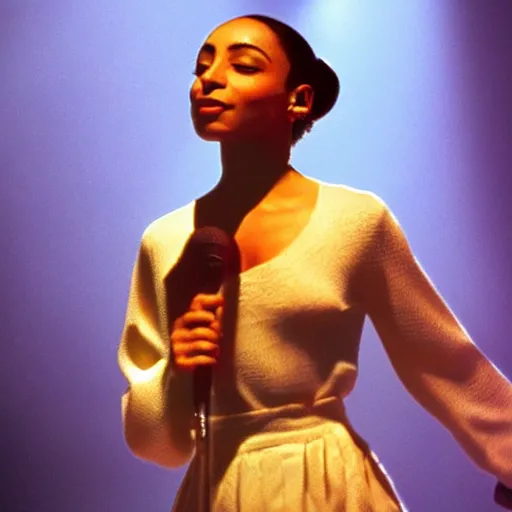 Prompt: picture of Sade Adu with sunlight behind her singing