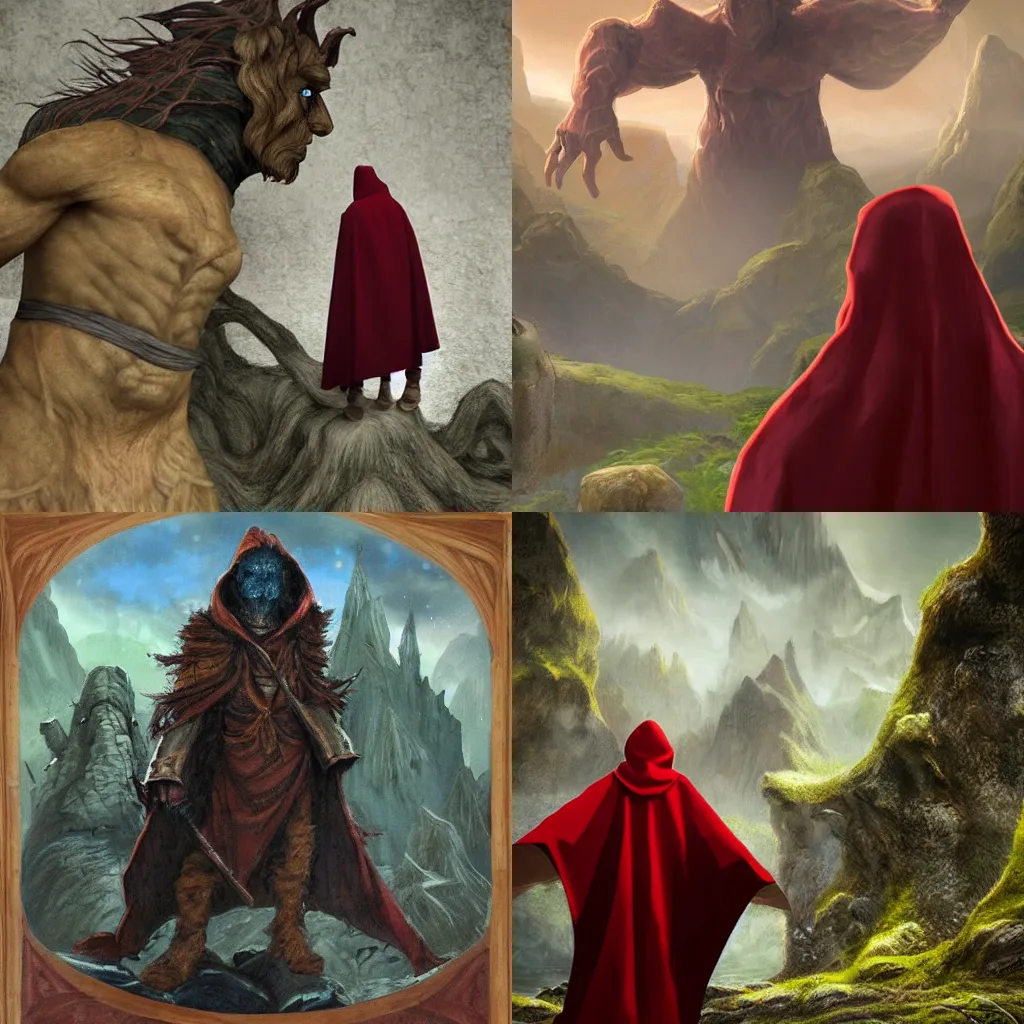 Prompt: cloak man looking at giant troll, fantasy, art