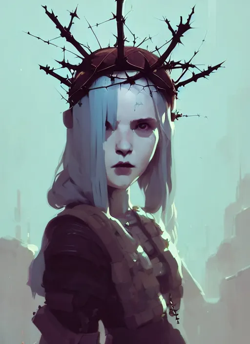 Image similar to portrait of cute goth maiden girl with crown of thorns, warhammer, cyberpunk, by atey ghailan, by greg rutkowski, by greg tocchini, by james gilleard, by joe fenton, by kaethe butcher, dynamic lighting, gradient light blue, brown, blonde cream and white color in scheme, grunge aesthetic