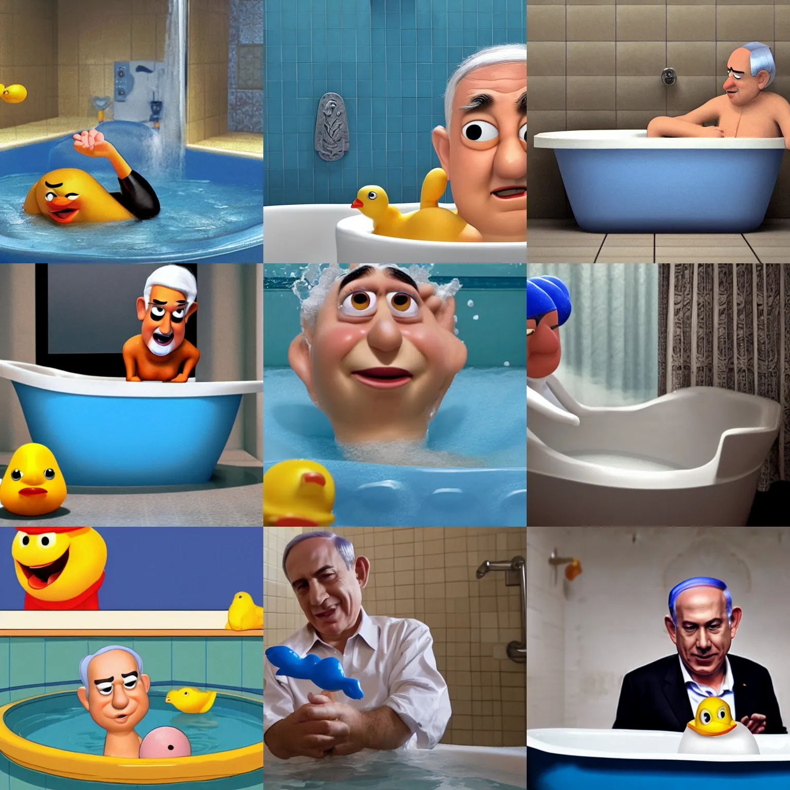 Prompt: bibi netanyahu in the bathtub playing with a rubber duck, pixar
