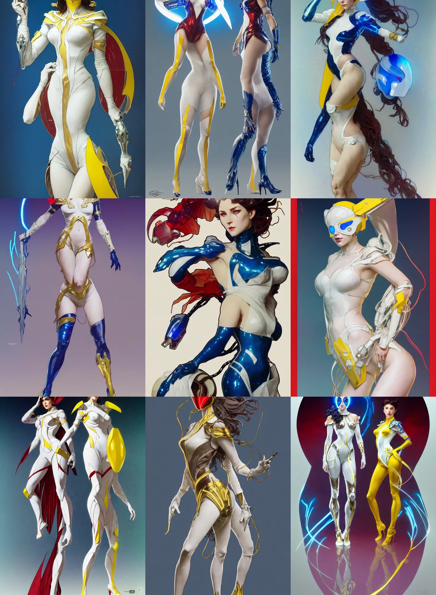 Image similar to a full body character design by artgerm, greg rutkowski and alphonse mucha. sci - fi dagger. laser white and yellow tape and red translucent plastic tape project show attctive showgirl!! sci - fi helmet electric blue eyes!! sharp edges. contour light effect!! ultra detailed, elegant, intricate, octane render.