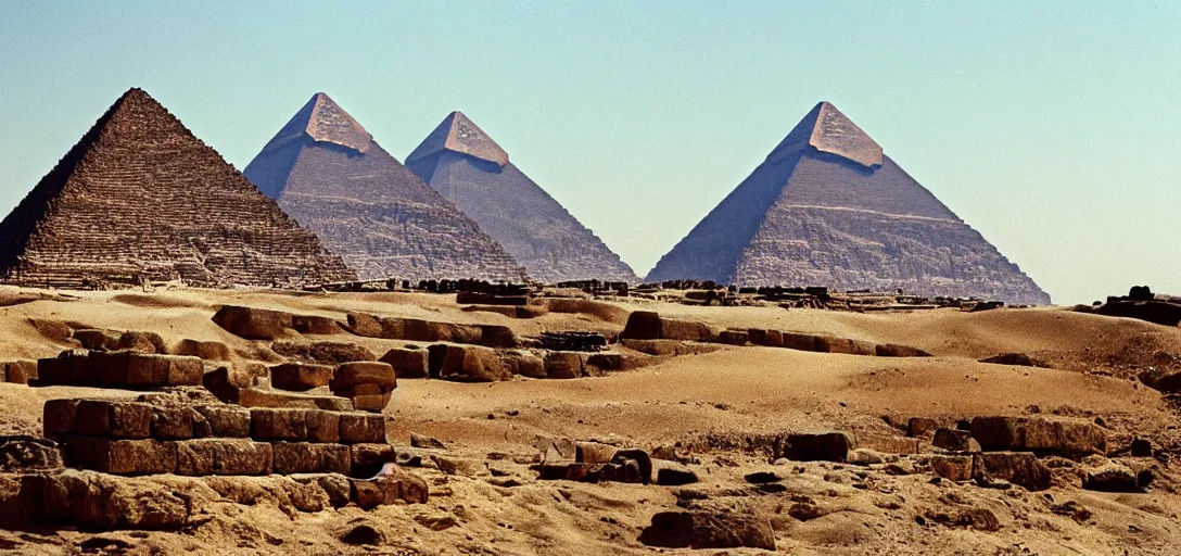 Image similar to vintage landscape photo of giza pyramids, taken leica m 5 with kodak ektachrome, photo realism, film photography, highly detailed