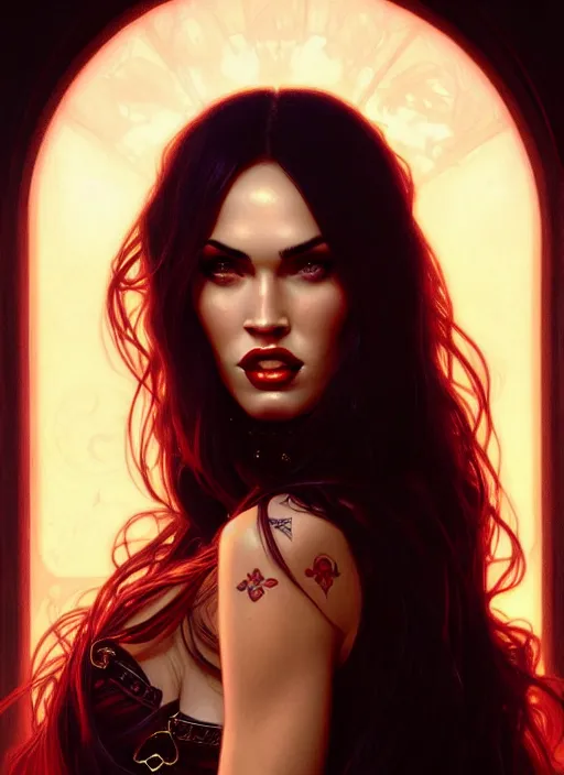 Image similar to portrait of megan fox as a vampire queen, jewelry, greek, ruby, intricate, headshot, highly detailed, digital painting, artstation, concept art, sharp focus, cinematic lighting, illustration, art by artgerm and greg rutkowski, alphonse mucha, cgsociety