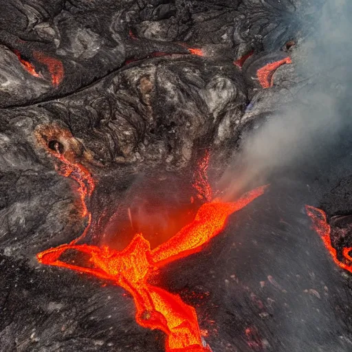 Prompt: candid photograph of a mythological dragon!!! bathing in lava, active volcano, cryptid, unexplained phenomena, drone photography, 8k