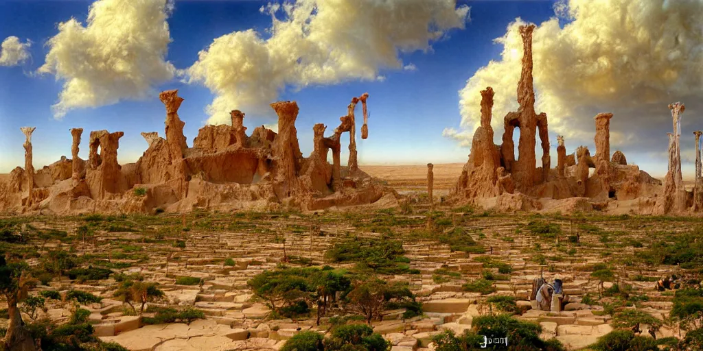 Image similar to the oasis - hamlet of joppa along the far rim of the great salt desert. farmers tend to groves. jungles strangle chrome steeples and rusted archways. beyond the fabled spindle rises above the fray and pierces the cloud - ribboned sky. art by james christensen and noriyoshi ohrai