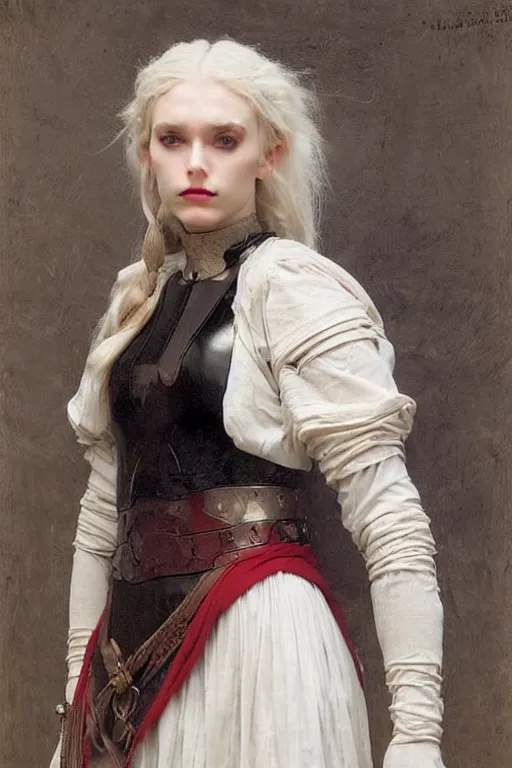 Prompt: portrait of a warrior, slavic woman, very beautiful face, pleasant facial features, red lips, long snow - white hair, black closed velvet dress, leather armor, iron armor, white boots, clothes alexander mcqueen very beautiful style, photorealism, bouguereau, edgard maxence