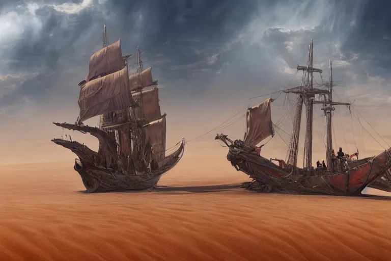 Image similar to a large ancient red pirate ship sailing the dunes in a vast arabian desert, by rutkowski, fantasy still movie, highly detailed, photorealistic, digital art, matte painting, hd illustration, trending on artstation