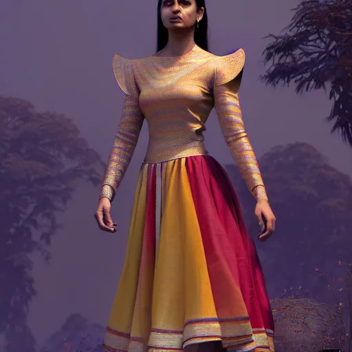 Image similar to daz3d genesis 8 female Alia Bhatt wearing mekhela bihu dress, Iray shaders, studio HDRI soft lighting, natural skin textures ultra hd 8k, ray traced, unreal engine, cinematic realistic portrait, face, beauty expressive pose, bare shoulders, fantasy, intricate, elegant, highly detailed, digital painting, artstation, concept art, smooth, sharp focus, illustration, art by artgerm and greg rutkowski and alphonse mucha