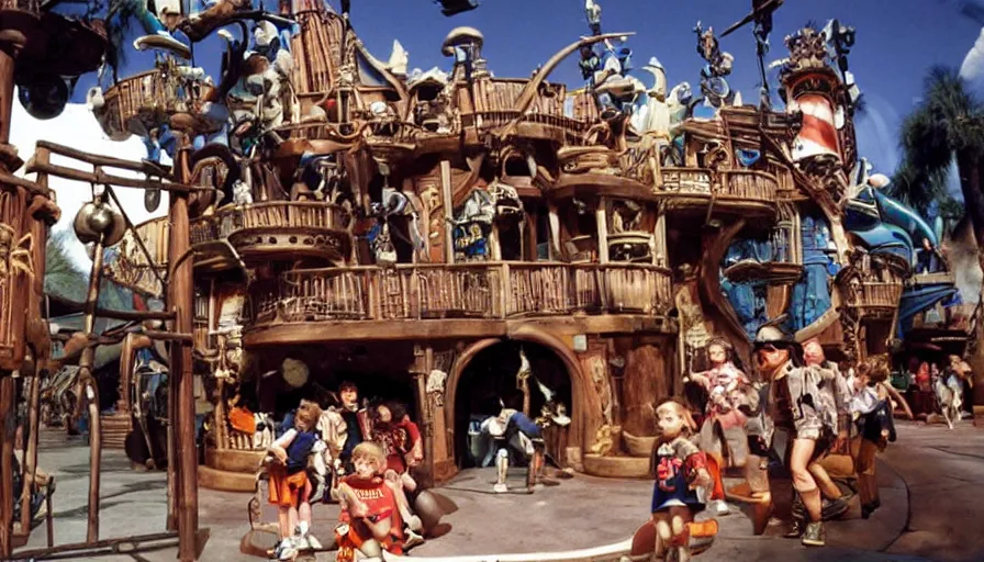 Image similar to 1990s photo of inside the Dogboy's Pirate Adventures show ride at Universal Studios in Orlando, Florida, children riding an animatronic dog through a Pirate village , cinematic, UHD