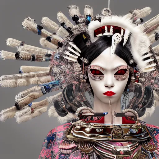 Image similar to japanese cyborg geishas in a ceremony with extremely detailed headdress, inspired by die antwoord beautiful, hand painted textures, cloth physics, deviantart, karol bak, masamune shirow, black and white, beautiful kawaii lighting, photorealistic, concept art, perfect render, 3 d render, pixar, 8 k