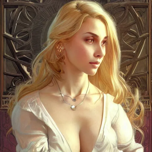 Image similar to ultra realistic illustration, a hot and beautiful blonde slavic woman in her 3 0's, intricate, elegant, highly detailed, digital painting, artstation, concept art, smooth, sharp focus, illustration, art by artgerm and greg rutkowski and alphonse mucha