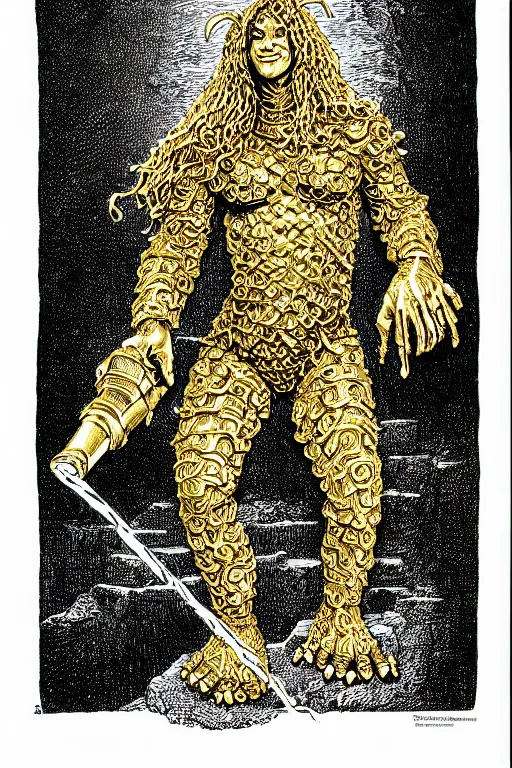 Image similar to beyonce, gold golem, as a d & d monster, full body, pen - and - ink illustration, etching, by russ nicholson, david a trampier, larry elmore, 1 9 8 1, hq scan, intricate details, inside stylized border