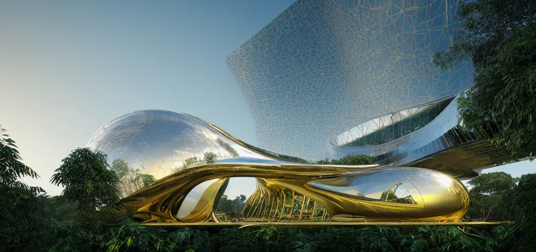 Image similar to futuristic shinny golden mirror building camouflaged in an jungle landscape of a solarpunk world by frank gerhy and oscar niemeyer, shinny golden roads and bridges designed by zaha hadid, movie poster, spiral golden ratio, at dusk lighting, evening lighting, reflections, film still, hyper realistic, octane render redshift arnold materials unreal engine, 8 k post production, hyper detailed