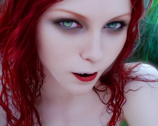 Image similar to award winning 5 5 mm close up face portrait photo of an anesthetic and beautiful redhead vampire elf lady who looks directly at the camera with bloodred wavy hair, intricate eyes that look like gems and long sharp fangs, in a park by luis royo. rule of thirds.