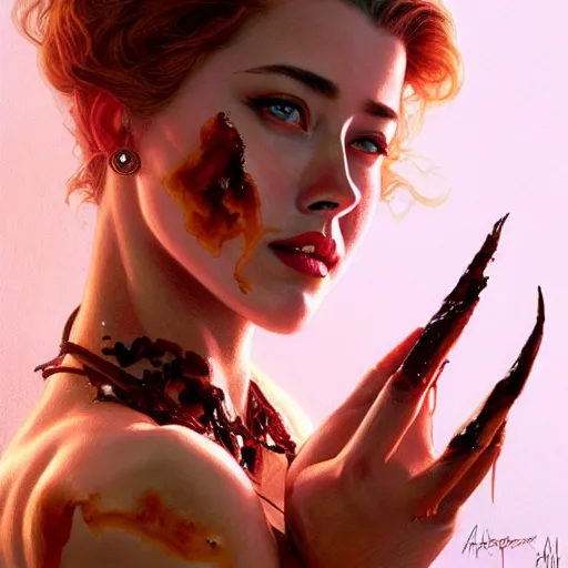 Prompt: Amber Heard eating BBQ Ribs, BBQ Sauce stains, closeup, D&D, fantasy, intricate, elegant, highly detailed, digital painting, artstation, concept art, matte, sharp focus, illustration, art by Artgerm and Greg Rutkowski and Alphonse Mucha