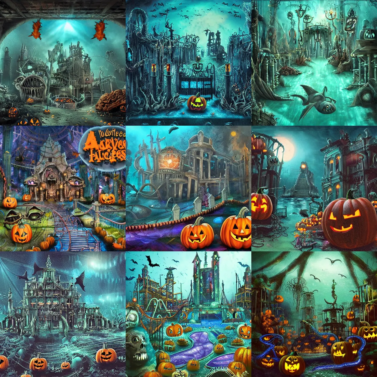 Prompt: a horror based amusement park during halloween that takes place deep underwater and is built on the idea of the lost city of atlantis, first person perspective looking up, halloween decorations, underwater city, amusement park, spooky, fish in the background, rides, amusement park buildings, deep sea themed, horror themed, fun, concept art, tim burton