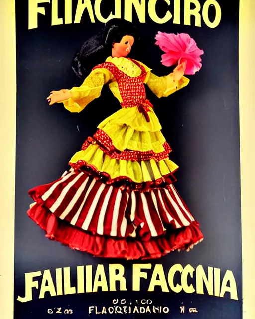 Image similar to an advertising poster of a flamenco gipsy marin doll, retro style of andalusian fair poster