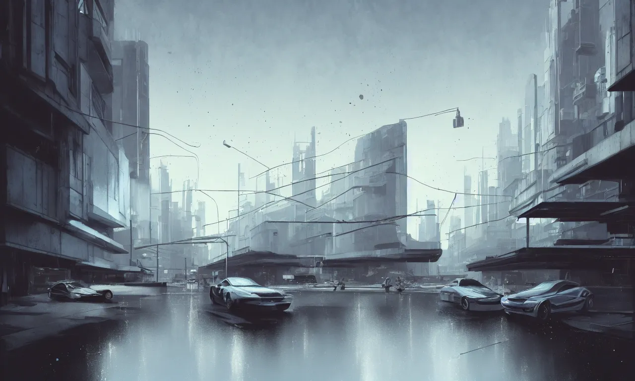 Image similar to photorealistic streetscape, simple brutalist architecture, metal, concrete, puddles of water, white neon lights, neon signs, flying vehicles, pedestrians, greg rutkowski, syd mead, ralph mcquarrie, concept art, matte painting, finely detailed, minimal artifacts, rule of thirds, dynamic lighting, cinematic, denoised, centered, artstation