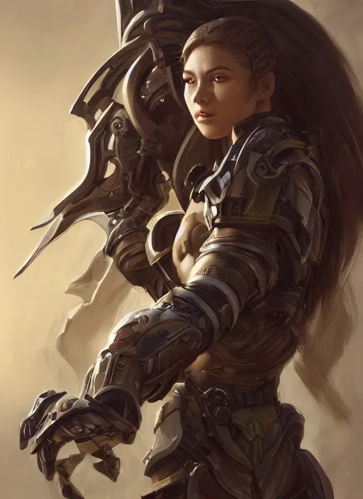 Image similar to a professional painting of a beautiful young female, clothed in military armor, olive skin, long dark hair, beautiful bone structure, symmetrical facial features, intricate, elegant, digital painting, concept art, smooth, sharp focus, illustration, from StarCraft by Ruan Jia and Mandy Jurgens and Artgerm and William-Adolphe Bouguerea