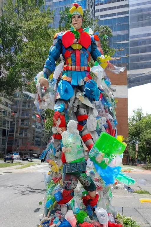 Prompt: a statue of Captain Planet made entirely out of plastic waste and recyclables