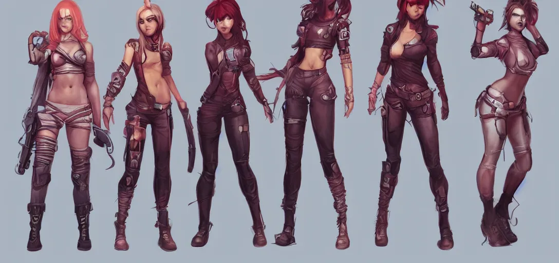 Image similar to character sheet concept art of female video game characters, renaissance, futurepunk, bright, parkour, rebel, by marc brunet and artgerm