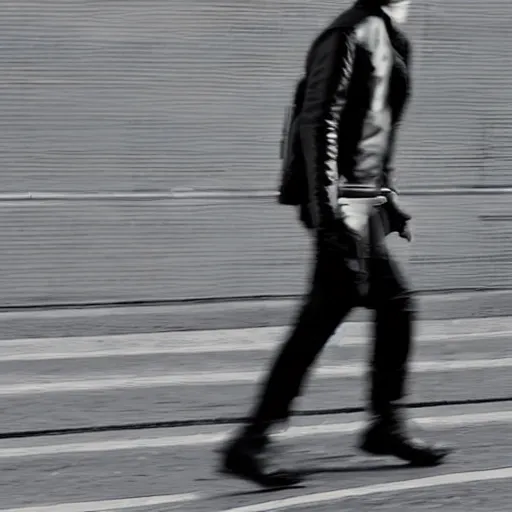 Image similar to a motion blurred young man in black leather, in a bleak industrial brutalist landscape