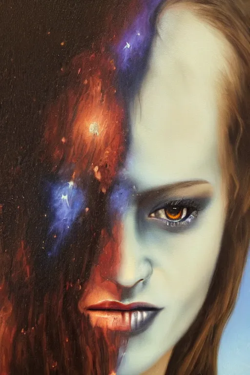 Image similar to hyperrealism oil painting, close - up portrait of european medieval brunette vampire fashion model, knight, steel gradient mixed with nebula sky, in style of baroque