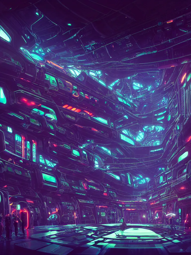 Image similar to the interior of a celestial spaceship cyberpunk hangar in a bioluminescent walls decorated beautifully, lots of cyberpunk design elements like humanoids and mecha robots, warm sunlight shining in, lots of cables and neon signs, concept art 8 k resolution, fantasy illustration, sharp focus, detailed painting, deep color, volumetric lighting, crepuscular rays