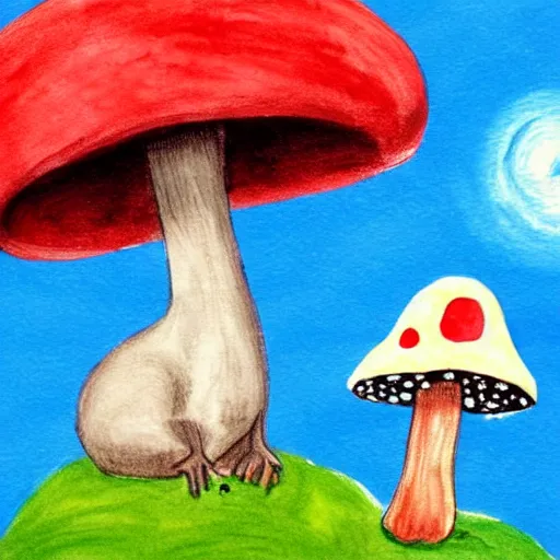 Image similar to a children painting of a cute creature sitting next to a mushroom, detailed, realistic