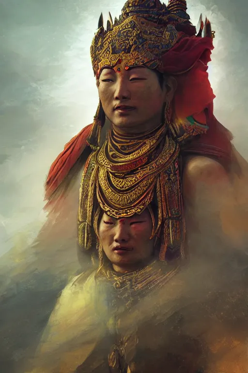 Image similar to Tibetan god, portrait, powerfull, intricate, elegant, volumetric lighting, scenery, digital painting, highly detailed, artstation, sharp focus, illustration, concept art, ruan jia, steve mccurry