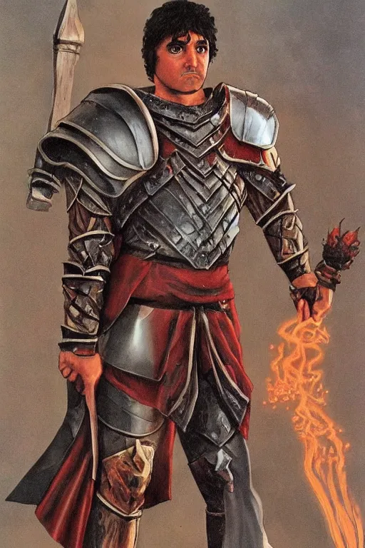 Prompt: wizards of the coast fantasy roman gladiator in armor in the style Larry Elmore