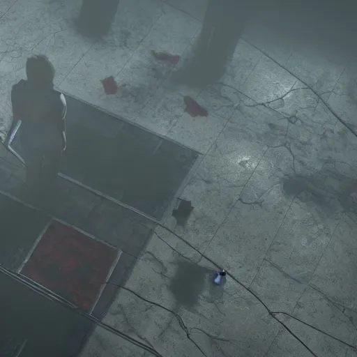 Image similar to playstation 5 screenshot of silent hill, overhead view, realistic, very coherent