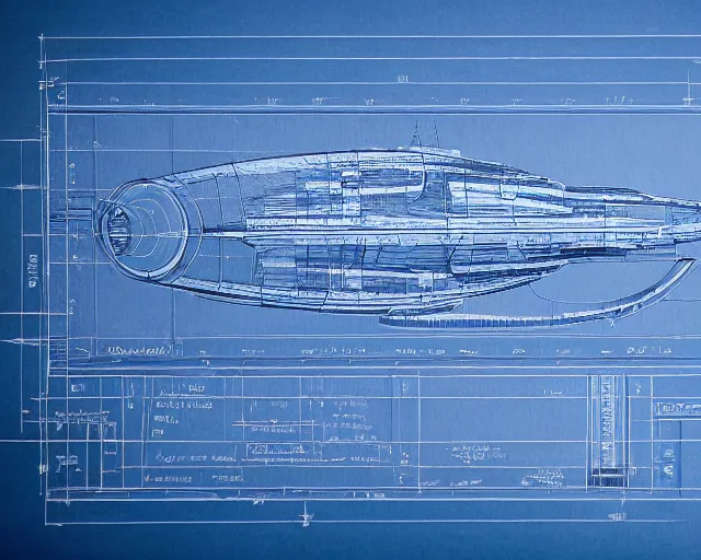 Image similar to blueprint of spaceship, technical drawing on blue paper, intricate detail, centered with clean background, studio lighting, 8 k