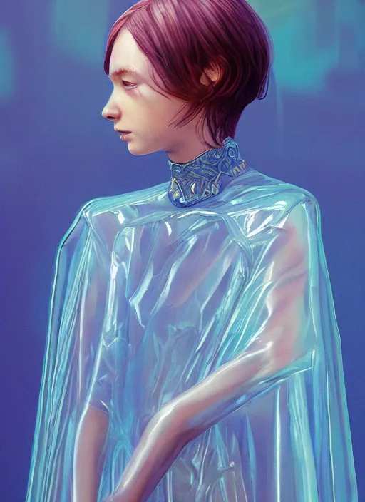 Image similar to blue eyes girl with transparent cape :: by Martine Johanna and Simon Stålenhag and Chie Yoshii and wlop and Guillermo del toro :: ornate, dynamic, particulate, rich colors, elegant, centered, artstation, smooth, sharp focus, octane render, 3d