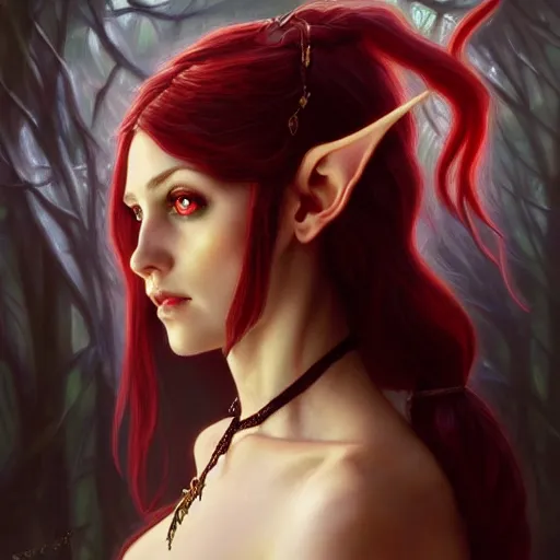 Image similar to Portrait of seductive female elven priest, D&D, green eyes, choker, long red hair, demon wings, fantasy, intricate, elegant, highly detailed, digital painting, artstation, concept art, smooth, sharp focus, illustration, art by artgerm and greg rutkowski and alphonse mucha