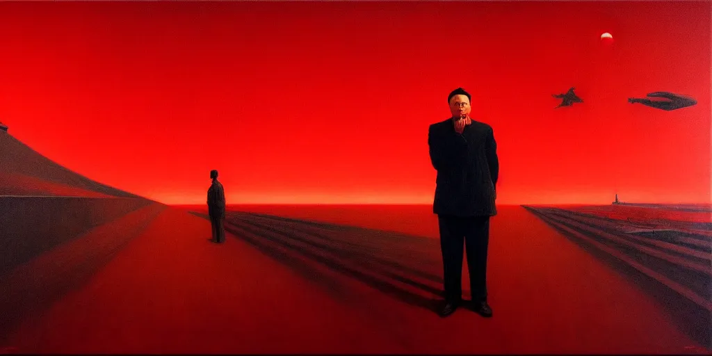 Image similar to elon musk totalitarian dictator in the style of beksinski, parts by edward hopper, parts by rodcenko, parts by yue minjun, intricate and epic composition, red by caravaggio, insanely quality, highly detailed, masterpiece, red light, war propaganda, artstation, 4 k