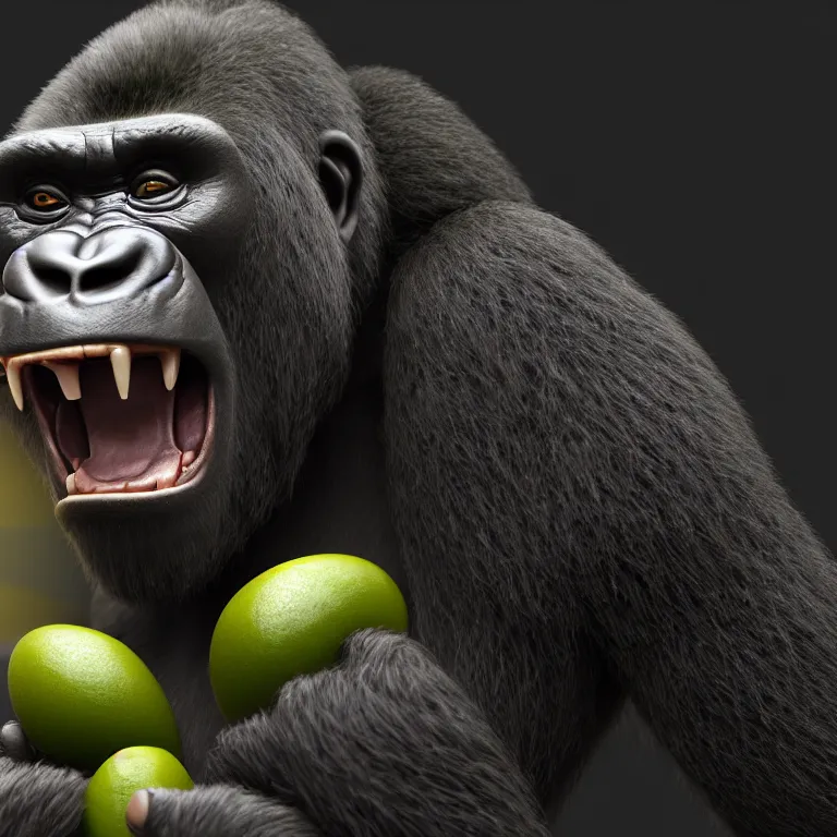 Image similar to a cinematic shot of gorilla wearing yogurt, octane render, volumetric lighting, nvidia raytracing demo, by Andy Thomas, Mario Martinez, Daniel Mirante, Gustave Dore, Artstation, CGsociety, masterpiece