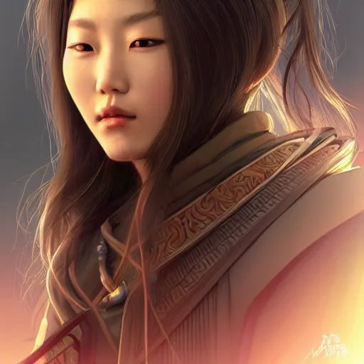 Prompt: korean female human, half wookie, jedi master, wearing the traditional jedi robe, beautiful and uniquely odd looking, detailed symmetrical close up portrait, intricate complexity, in the style of artgerm and ilya kuvshinov, magic the gathering, star wars art