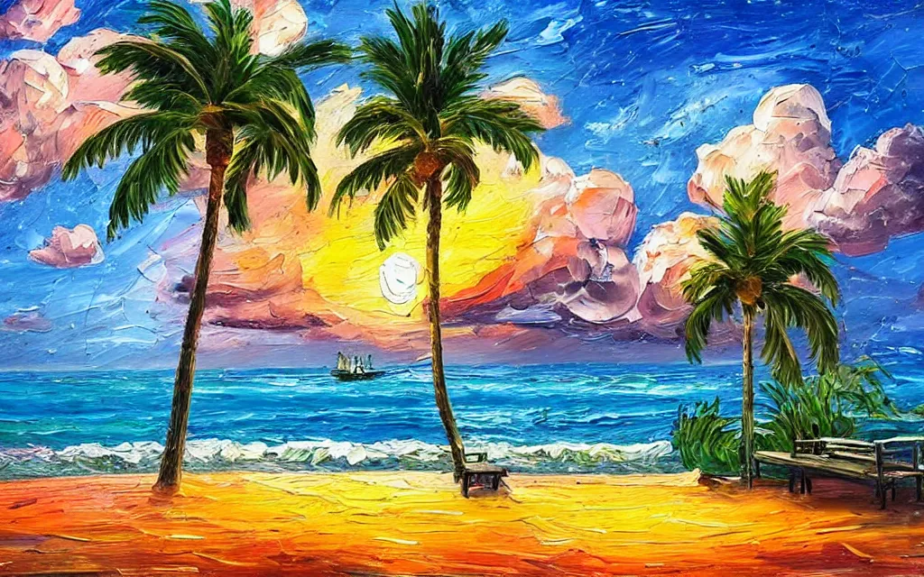 Image similar to in a big sea is a small island with a cute cozy cottage on it and a paved courtyard with benches and string lights, palm trees, sunset, puffy clouds, dramatic and dynamic lighting, thick brush strokes oil impasto painting