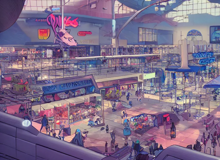 Image similar to large shopping mall center. sharp focus, cinematic pose, cinematic lighting, unreal engine render. art by josan gonzales and moebius and deathburger.