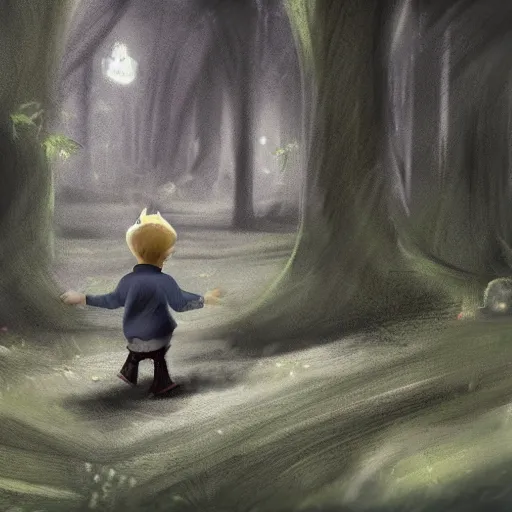 Image similar to little boy lost in the magical forest, concept art