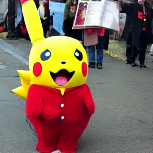 Prompt: karl marx in a pikachu costume