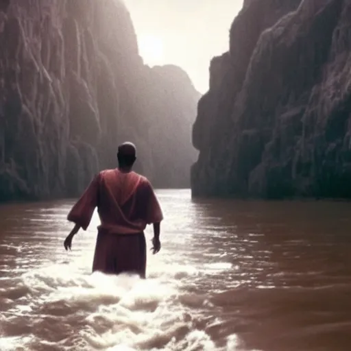 Prompt: a photo of moses with his arms wide, making a pathway through the sea, big walls of water, beautiful scenery, cinematic