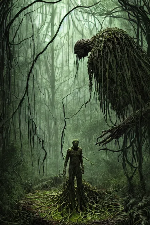 Image similar to realistic photo of the swamp thing, through the creepy forest, on the way lies a rotting corpse among the rocks. and he takes it in his hands. deep focus, intricate, elegant, highly detailed, digital painting, station art, concept art, matte, sharp focus, illustration, art by artgerm and greg rutkowski and alphonse mucha